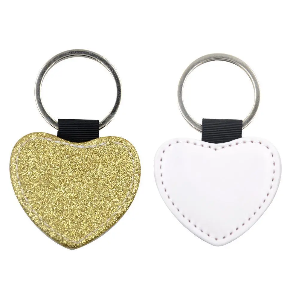 [PF-026576] Gold Glitter PU Leather Keychain Heart | Sublimation Blanks