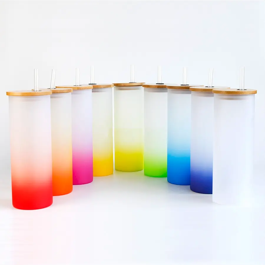 [PFV-019999] 18oz Gradient Frosted Glass Bottle With Bamboo Lid | Sublimation Blanks (White)